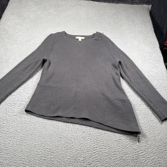 Michael Kors Womens Crewneck Sweater XL Gray Ribbed Asymmetrical Side Zipper - Picture 2 of 12